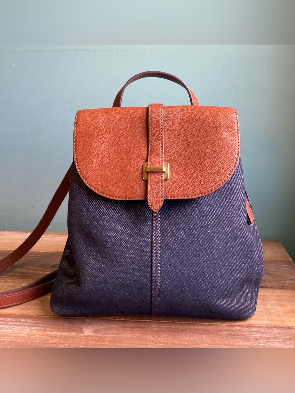 Fossil Emery Backpack Denim Canvas and Leather - Picture 4 of 10